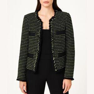 Pinko Black Neon Green Tweed Stripe Fringe Blazer Jacket Size US 4